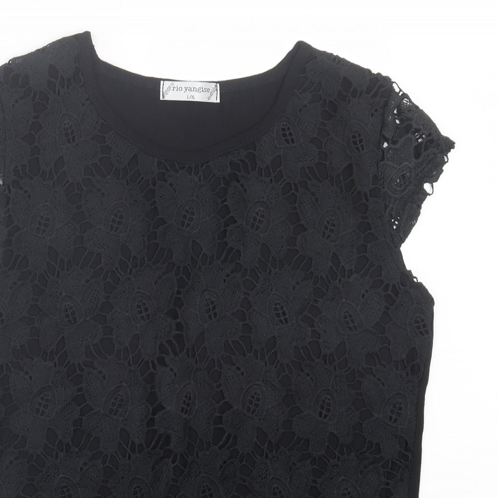Rio Yangtse Womens Black Floral Polyester Basic T-Shirt Size L Crew Neck