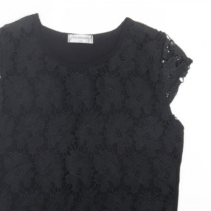 Rio Yangtse Womens Black Floral Polyester Basic T-Shirt Size L Crew Neck