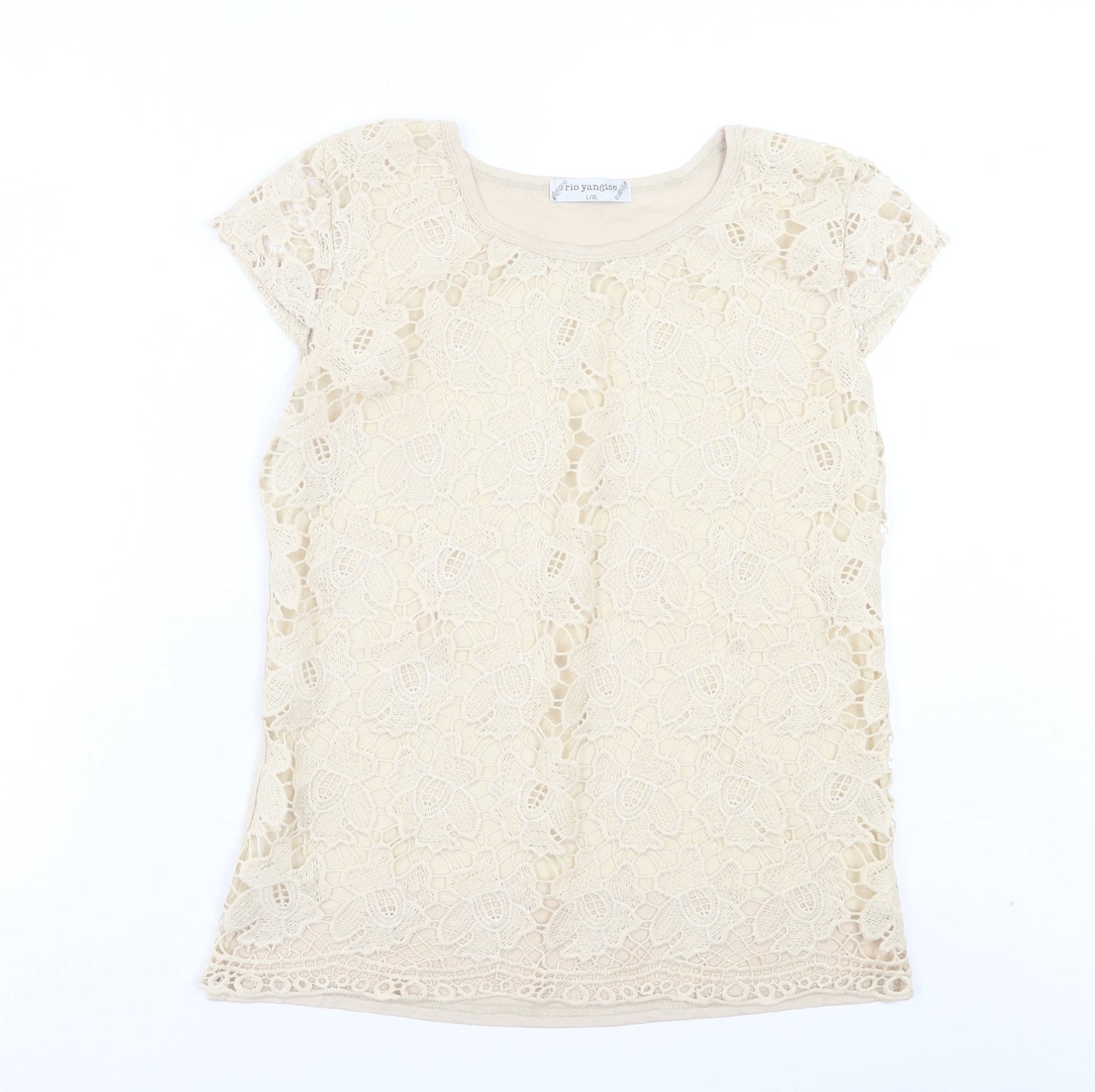 Rio Yangtse Womens Beige Floral Polyester Basic Blouse Size L Crew Neck