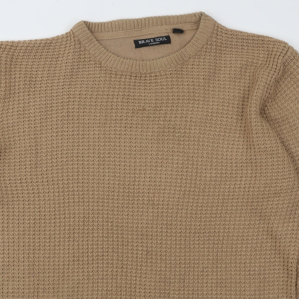Brave Soul Mens Brown Round Neck Acrylic Pullover Jumper Size M
