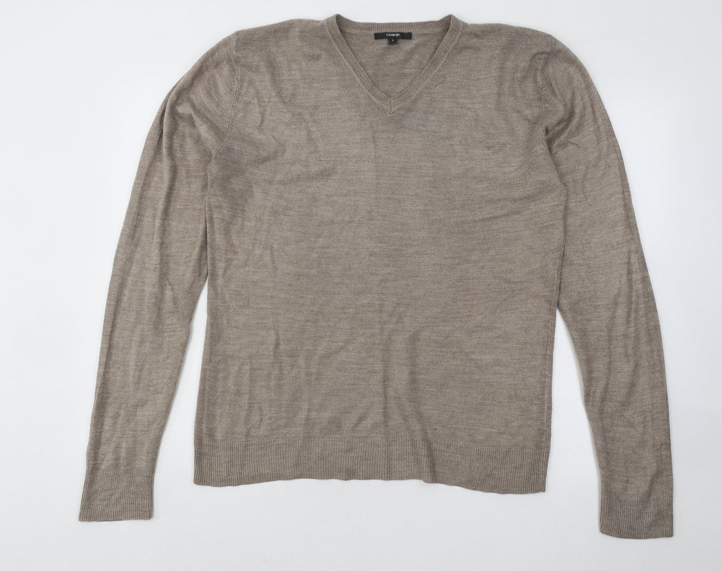 George Mens Beige V-Neck Acrylic Pullover Jumper Size S