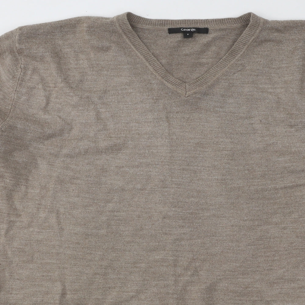 George Mens Beige V-Neck Acrylic Pullover Jumper Size S