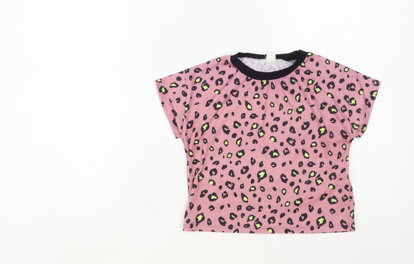 SheIn Girls Pink Animal Print Polyester Pullover T-Shirt Size 6-7 Years Crew Neck Pullover - Leopard Print