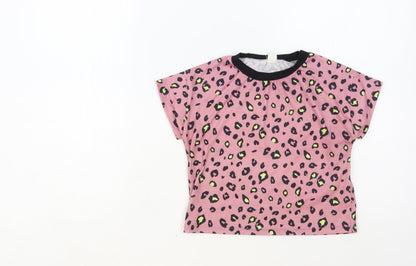 SheIn Girls Pink Animal Print Polyester Pullover T-Shirt Size 6-7 Years Crew Neck Pullover - Leopard Print