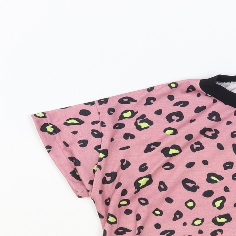 SheIn Girls Pink Animal Print Polyester Pullover T-Shirt Size 6-7 Years Crew Neck Pullover - Leopard Print