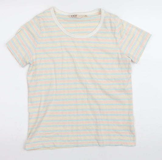 EWM Womens Multicoloured Striped Cotton Basic T-Shirt Size M Round Neck