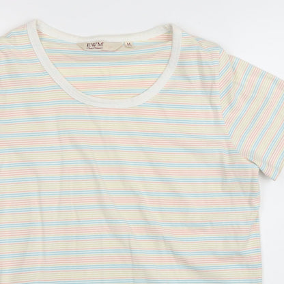 EWM Womens Multicoloured Striped Cotton Basic T-Shirt Size M Round Neck