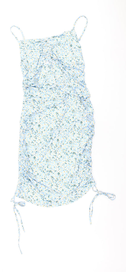 SheIn Womens Blue Floral Polyester Bodycon Size XL Square Neck Pullover - Ruched sides