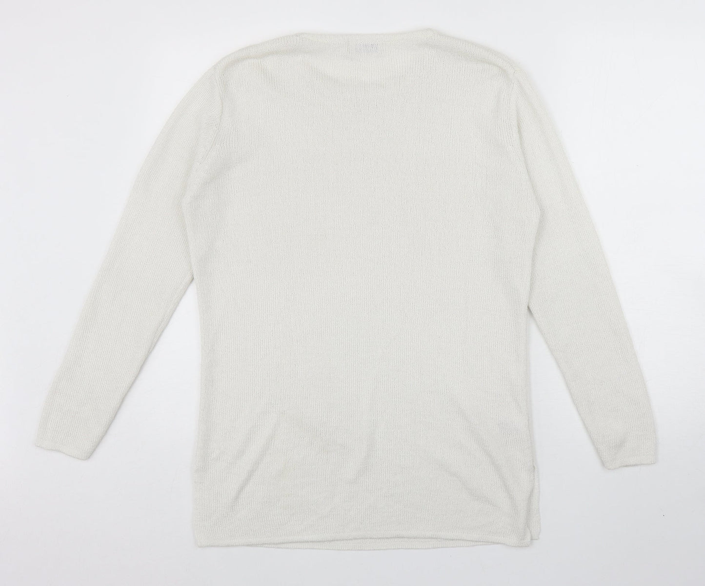 Joie De Vure Womens White Round Neck Acrylic Pullover Jumper Size M - Split hem details