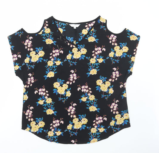 Julipa Womens Black Floral Polyester Basic Blouse Size 16 V-Neck