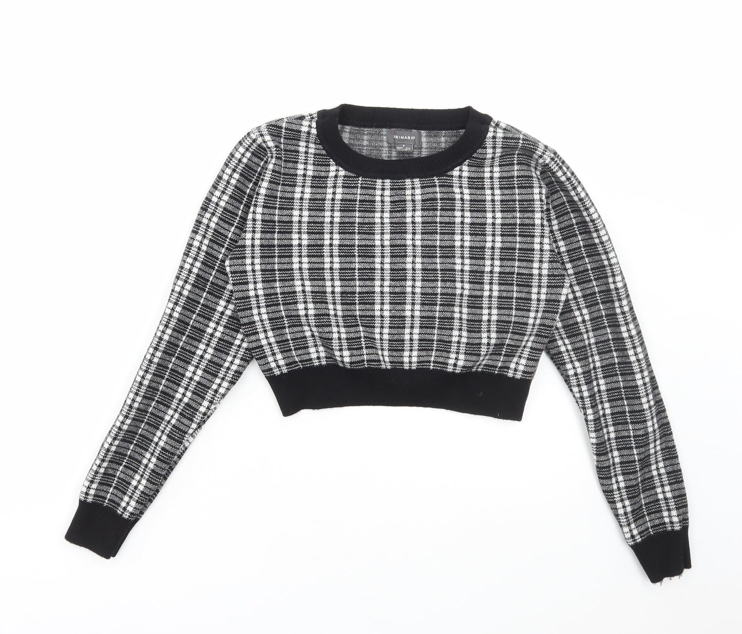 Primark Womens Black Round Neck Plaid Viscose Pullover Jumper Size S