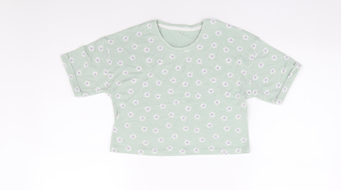 George Girls Green Floral Cotton Cropped T-Shirt Size 6-7 Years Round Neck Pullover