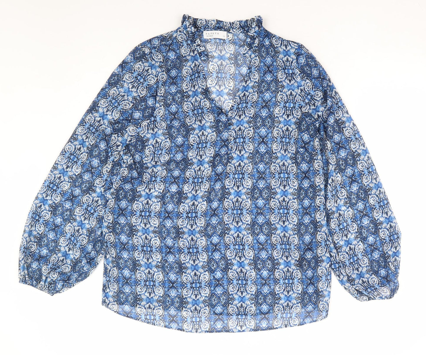Papaya Womens Blue Geometric Polyester Basic Blouse Size 10 V-Neck