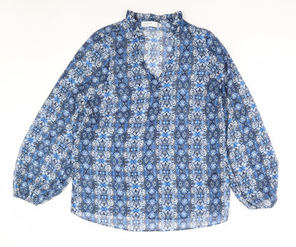 Papaya Womens Blue Geometric Polyester Basic Blouse Size 10 V-Neck