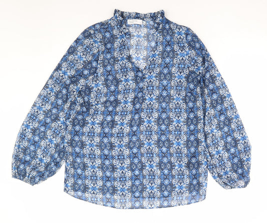 Papaya Womens Blue Geometric Polyester Basic Blouse Size 10 V-Neck