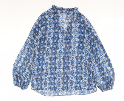Papaya Womens Blue Geometric Polyester Basic Blouse Size 10 V-Neck