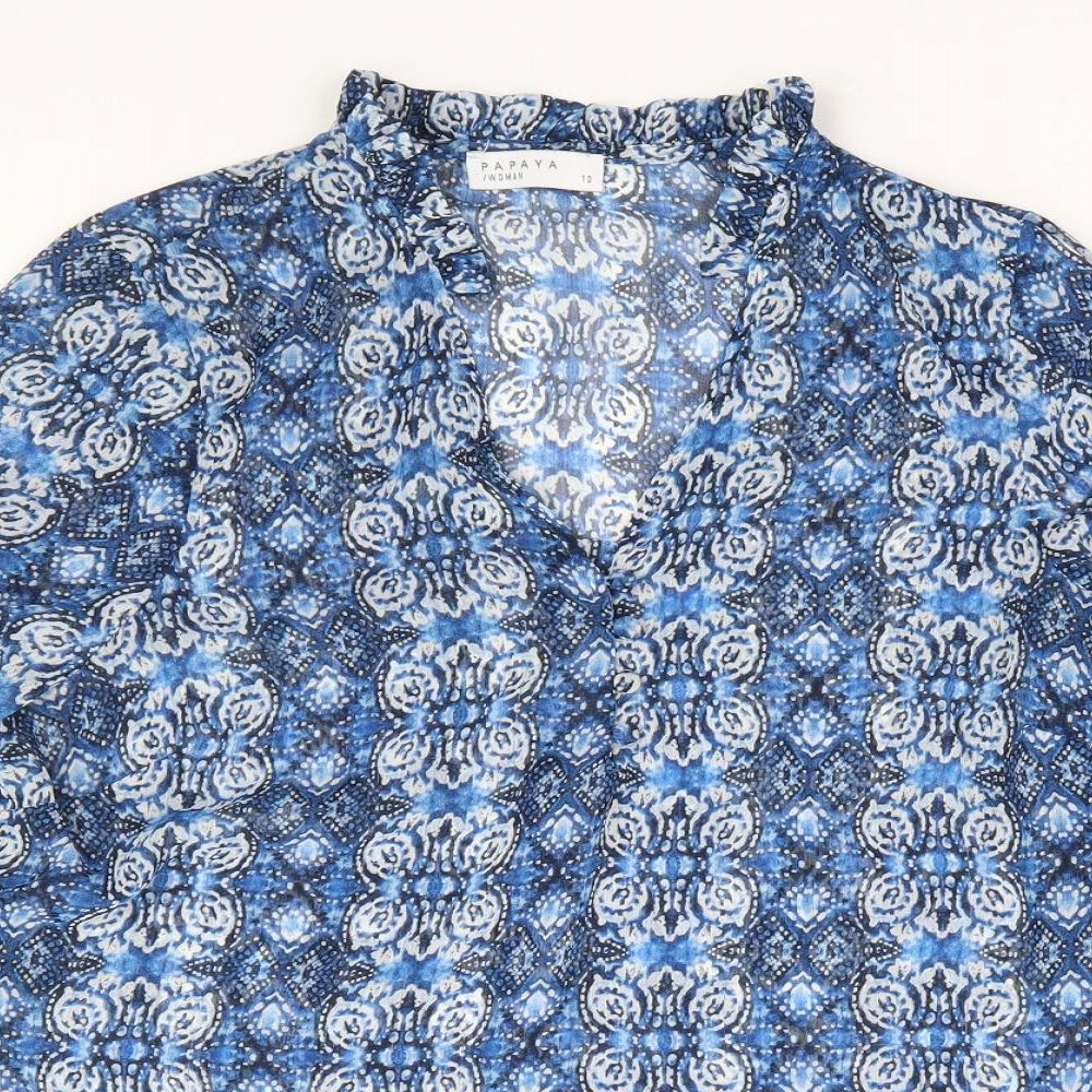 Papaya Womens Blue Geometric Polyester Basic Blouse Size 10 V-Neck
