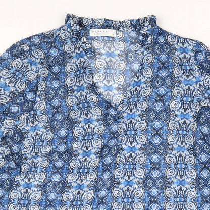 Papaya Womens Blue Geometric Polyester Basic Blouse Size 10 V-Neck