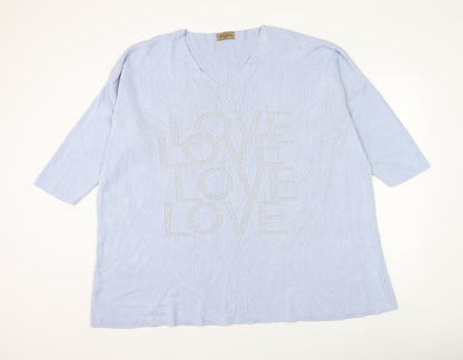 Mina Rose Womens Blue V-Neck Modacrylic Pullover Jumper Size 2XL - Love