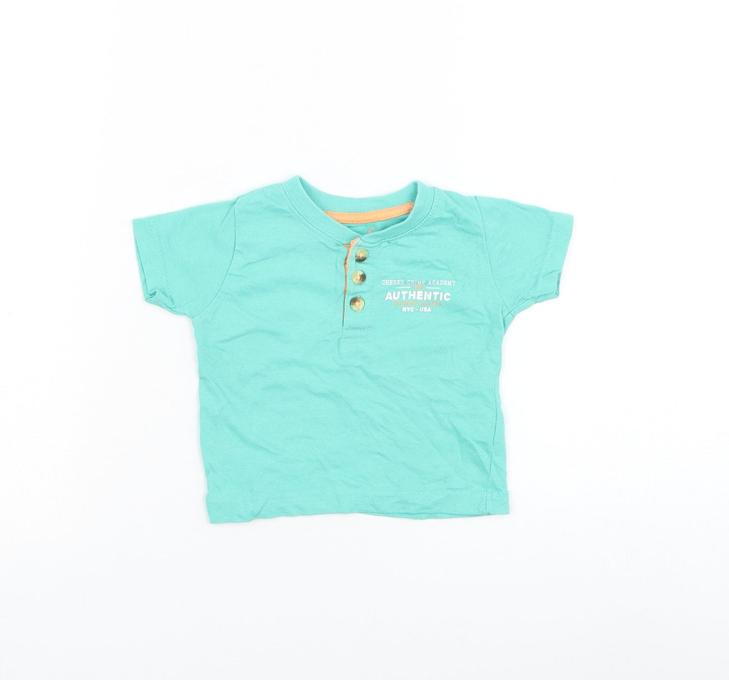Primark Boys Green Cotton Basic T-Shirt Size 9-12 Months Round Neck Button - Cheeky Chimp Academy