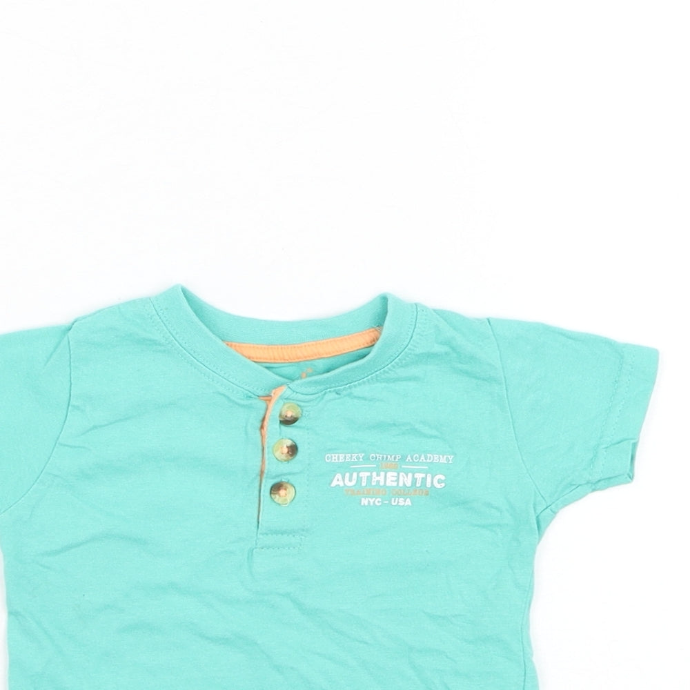 Primark Boys Green Cotton Basic T-Shirt Size 9-12 Months Round Neck Button - Cheeky Chimp Academy