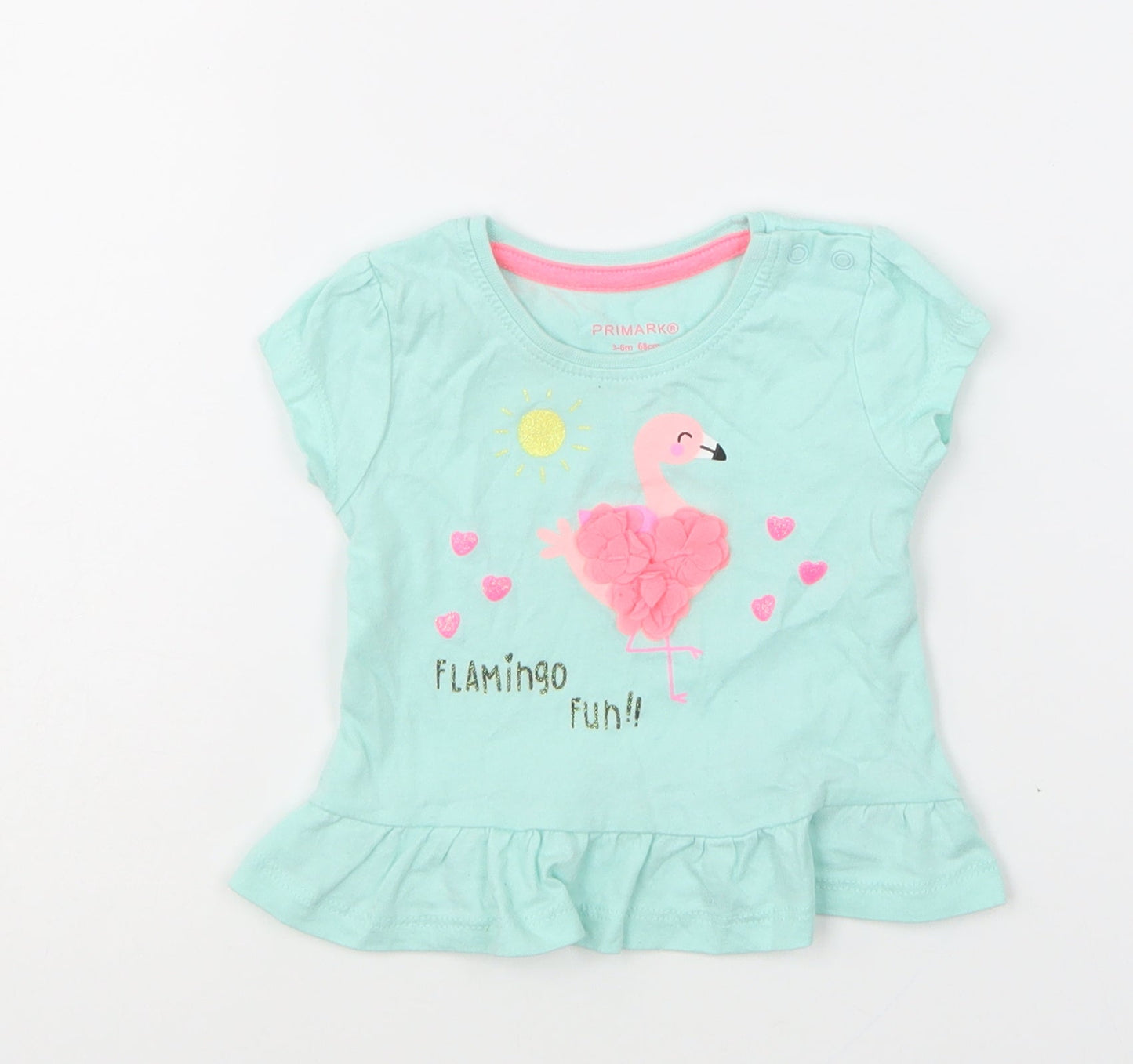 Primark Girls Green Cotton Basic T-Shirt Size 3-6 Months Round Neck Pullover - Flamingo