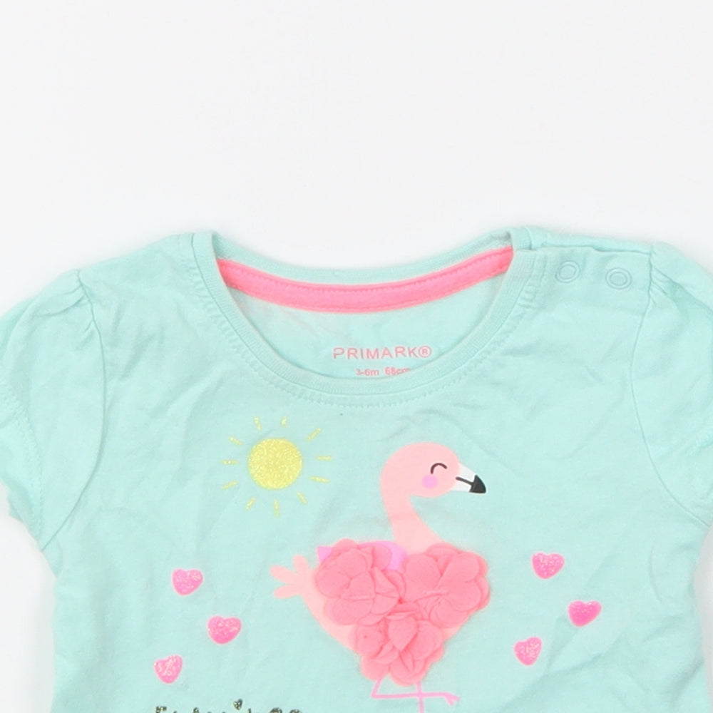 Primark Girls Green Cotton Basic T-Shirt Size 3-6 Months Round Neck Pullover - Flamingo