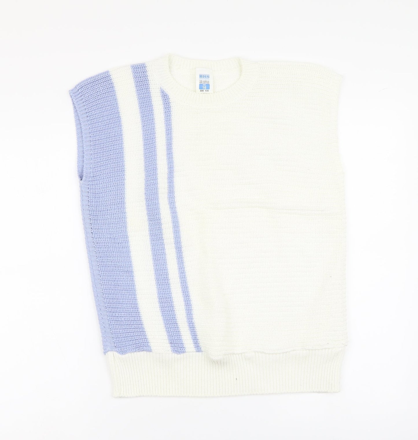 BHS Womens Ivory V-Neck Striped Acrylic Vest Jumper Size 16