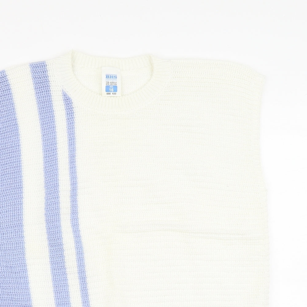 BHS Womens Ivory V-Neck Striped Acrylic Vest Jumper Size 16