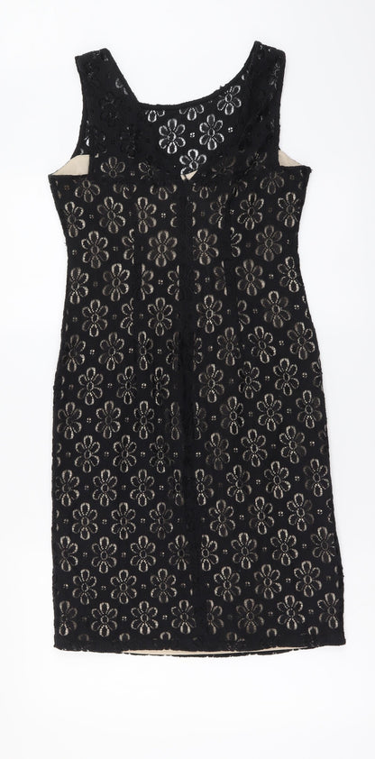 London Times Womens Black Floral Cotton A-Line Size 6 Round Neck Zip