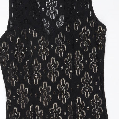London Times Womens Black Floral Cotton A-Line Size 6 Round Neck Zip