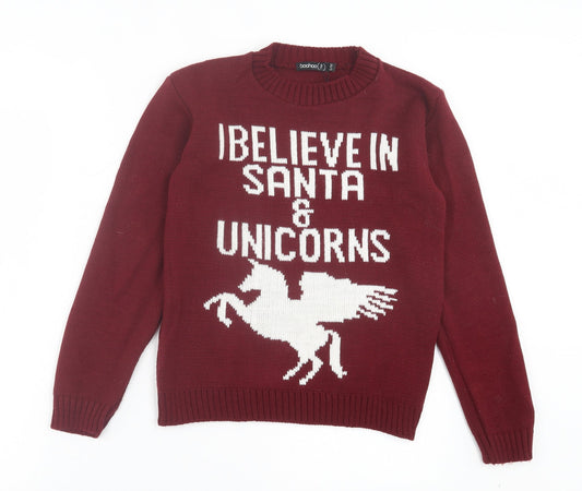 Boohoo Womens Red Crew Neck Acrylic Pullover Jumper Size S - I Believe In Santa & Unicorns
