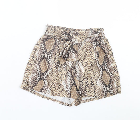 PRETTYLITTLETHING Womens Brown Animal Print Polyester Paperbag Shorts Size 4 Regular Pull On - Snake Print