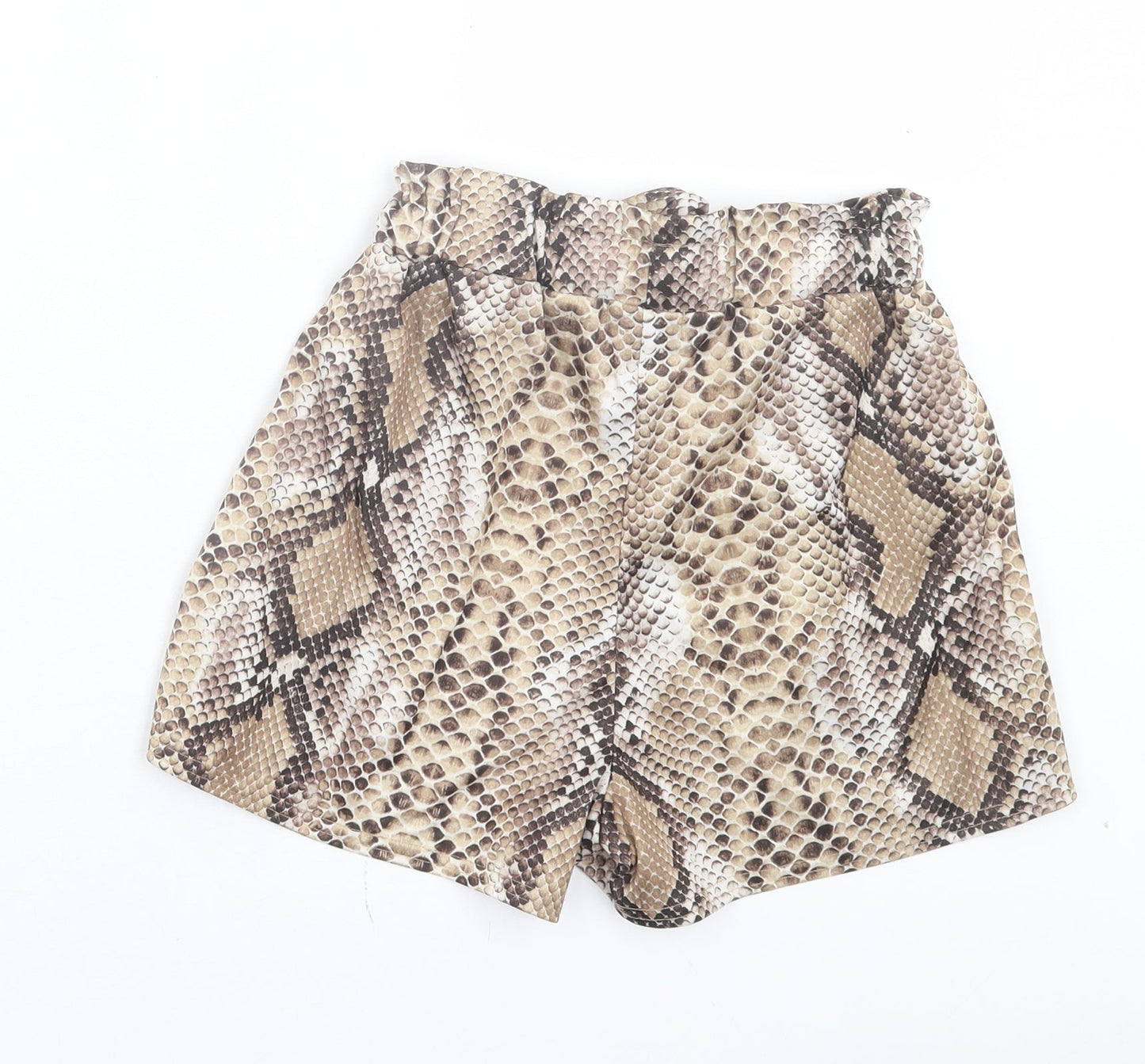 PRETTYLITTLETHING Womens Brown Animal Print Polyester Paperbag Shorts Size 4 Regular Pull On - Snake Print