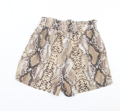 PRETTYLITTLETHING Womens Brown Animal Print Polyester Paperbag Shorts Size 4 Regular Pull On - Snake Print