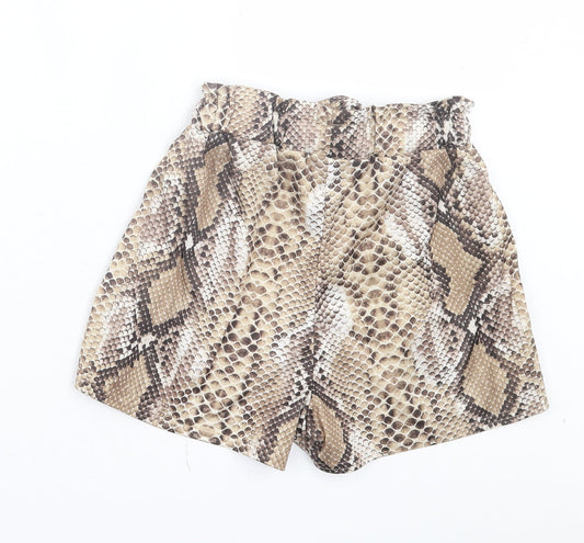 PRETTYLITTLETHING Womens Brown Animal Print Polyester Paperbag Shorts Size 4 Regular Pull On - Snake Print