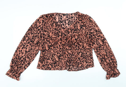 SheIn Womens Brown Animal Print Polyester Basic Blouse Size L V-Neck