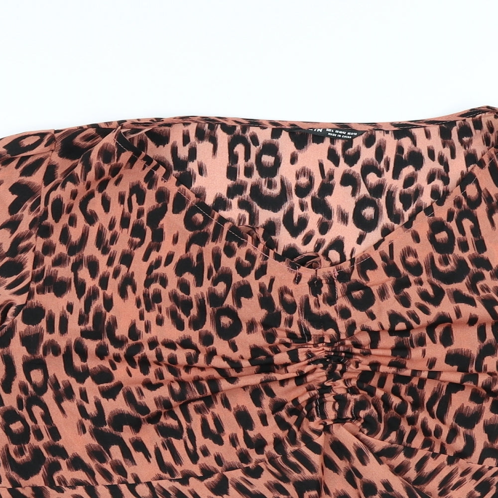 SheIn Womens Brown Animal Print Polyester Basic Blouse Size L V-Neck