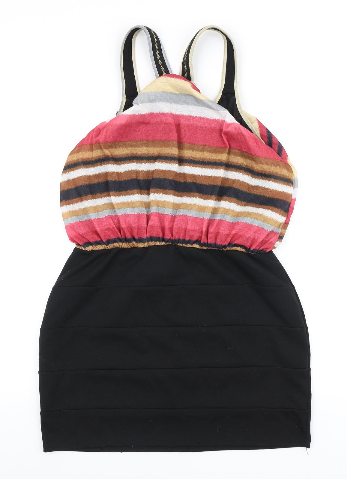 Dwtk Fashion Womens Black Striped Rayon Bodycon Size XL Round Neck - Zip Detail