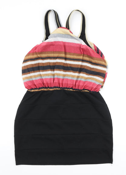 Dwtk Fashion Womens Black Striped Rayon Bodycon Size XL Round Neck - Zip Detail