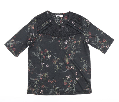 Marks and Spencer Womens Black Floral Polyester Basic Polo Size 12 Round Neck - Lace Collar detail