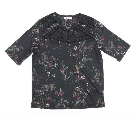 Marks and Spencer Womens Black Floral Polyester Basic Polo Size 12 Round Neck - Lace Collar detail