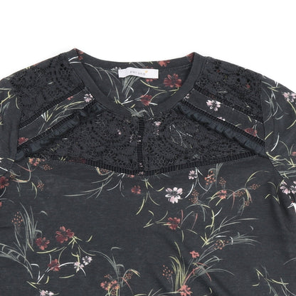 Marks and Spencer Womens Black Floral Polyester Basic Polo Size 12 Round Neck - Lace Collar detail