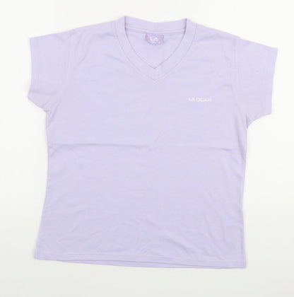 LA Gear Womens Purple Cotton Basic T-Shirt Size 14 V-Neck