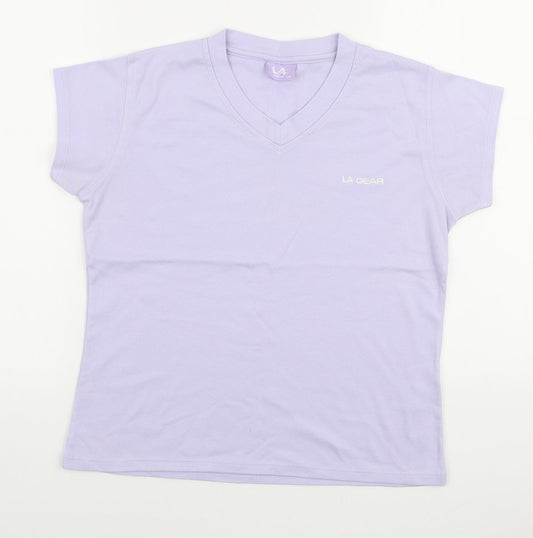 LA Gear Womens Purple Cotton Basic T-Shirt Size 14 V-Neck