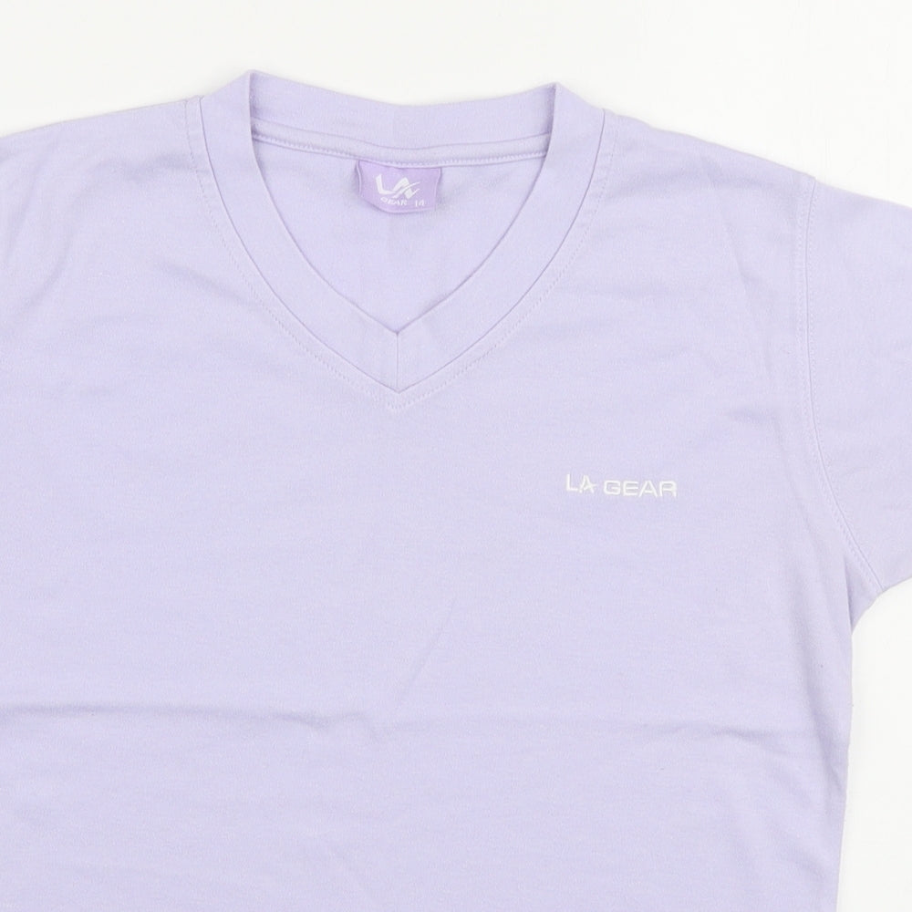 LA Gear Womens Purple Cotton Basic T-Shirt Size 14 V-Neck