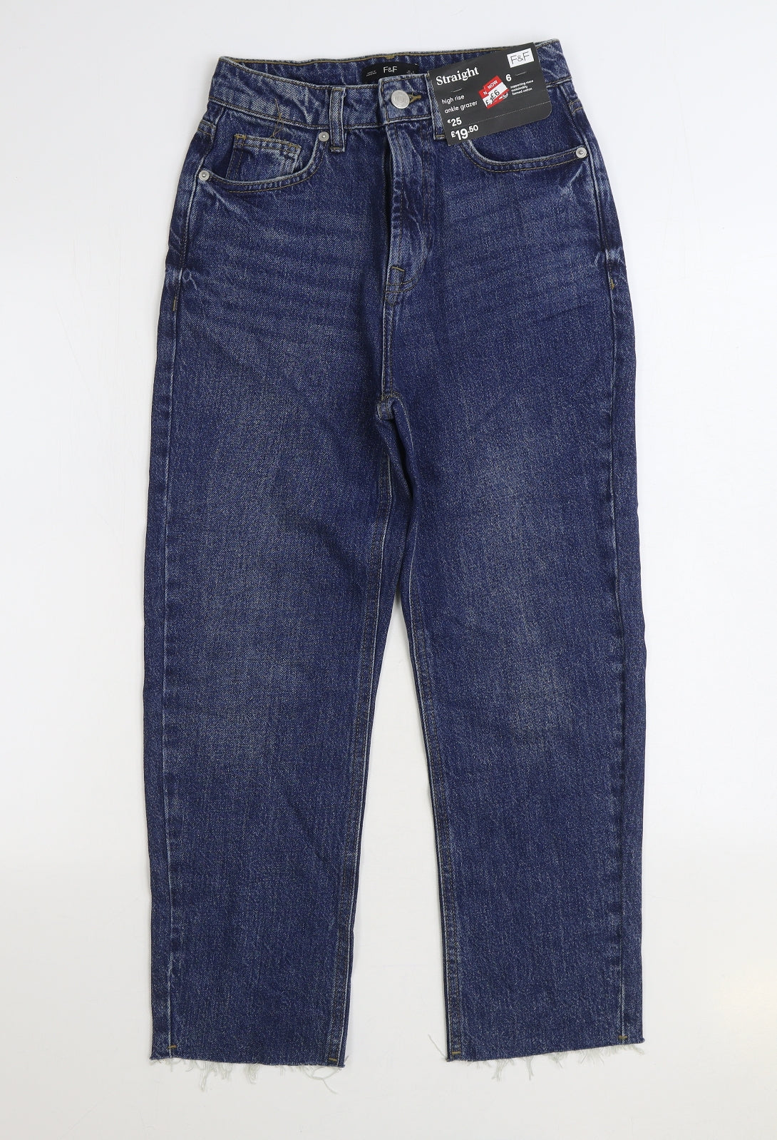 F&F Womens Blue Cotton Straight Jeans Size 6 L25 in Regular Zip - Ankle Grazer