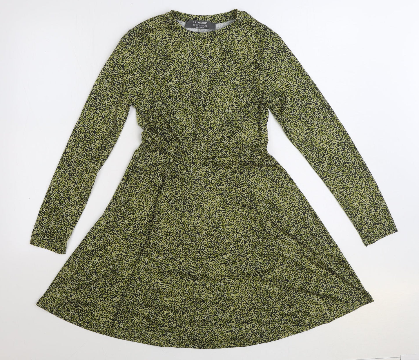 Primark Womens Green Floral Cotton Skater Dress Size 2XS Round Neck Pullover