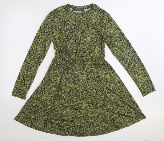 Primark Womens Green Floral Cotton Skater Dress Size 2XS Round Neck Pullover