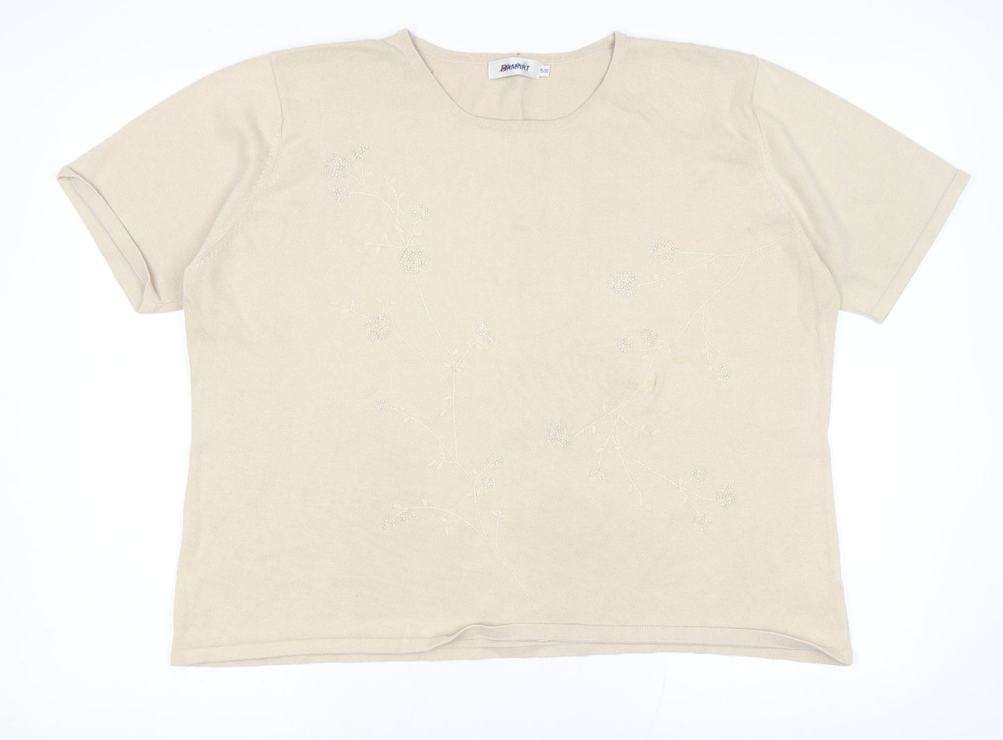 Damart Womens Beige Round Neck Floral Cotton Pullover Jumper Size 20